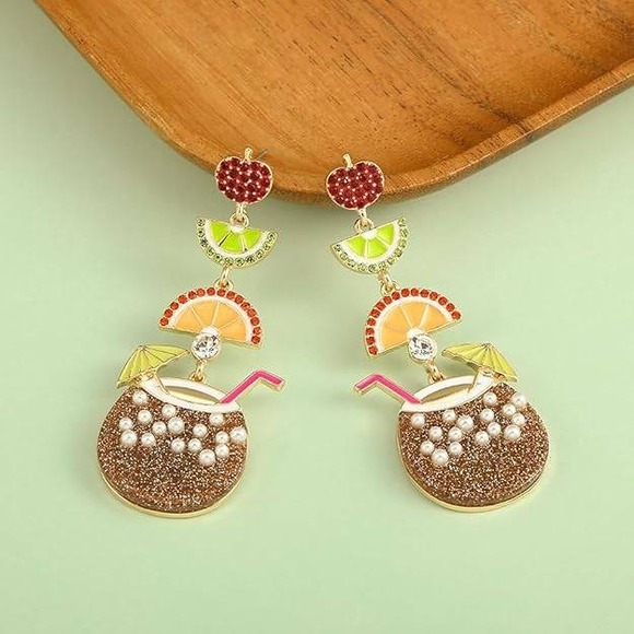 Jewelry - Whimsical Fruit Cocktail Coconut Drink Dangle Earrings Fun Summer Beach Vacation